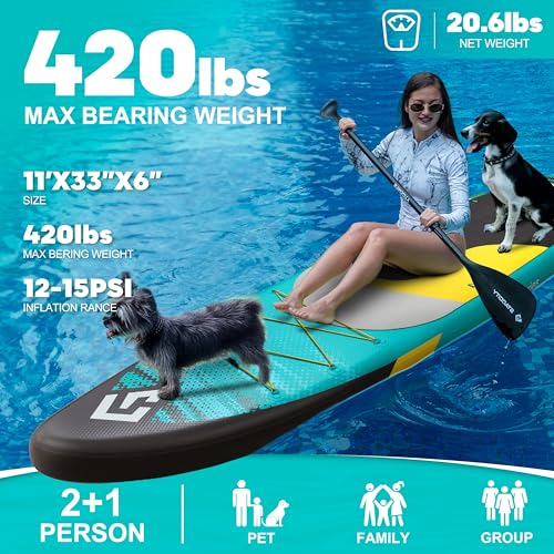 Starcity 11' x 33'' x 6'' Inflatable Paddle Board Green Black - Stable, Spacious, Easy to Operate for Family & Pet Use