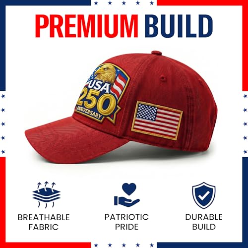 USA 250th Anniversary Hat - Red Embroidered Baseball Cap with Bald Eagle & Flag - 4th of July Gift