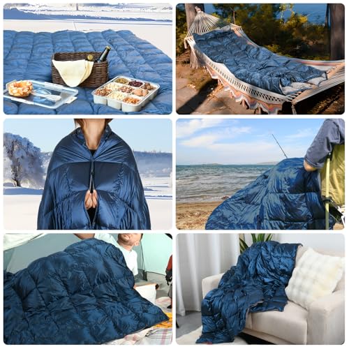 Down Camping Blanket - Lightweight, Packable, Waterproof Travel Quilt for Hiking & Outdoor Use - Deep Sky Blue, 55 x 79 inches