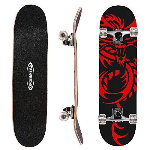 ChromeWheels 31Inch Double Kick Skateboard Cruiser Longboard – Red (8 Layer Maple) for Beginners