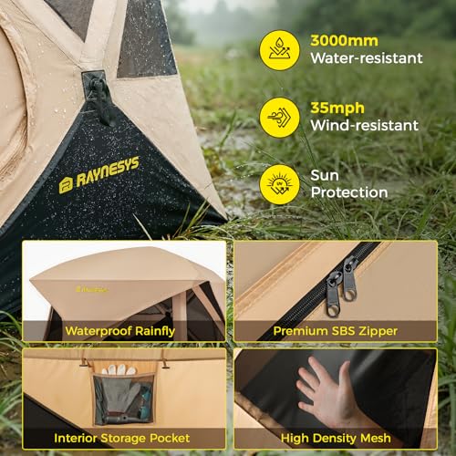 Raynesys 4 Person Waterproof Pop-Up Camping Tent with Quick Setup