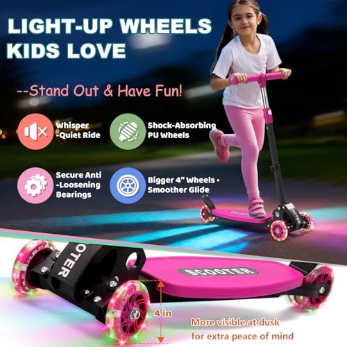 Kids Light-Up 3-Wheel Kick Scooter for Boys & Girls - Pink, Adjustable Handlebar, Foldable, Safe Ride for Ages 2-7