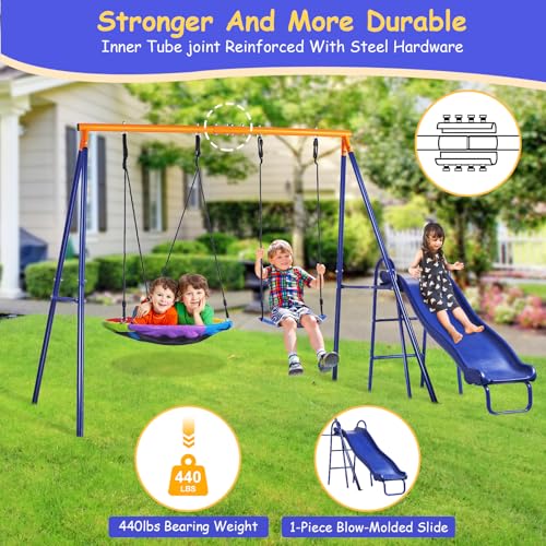 Blue Backyard Swing Set with Kids Slide and Saucer Swing - Heavy-Duty Metal Frame