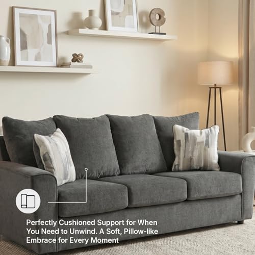 Gray Chenille Sofa with Flared Track Arms - Easy Assembly, Modern Design