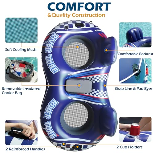 Blue Inflatable River Tube Float for 2 Adults with Removable Cooler & Cup Holders - Heavy Duty Pool Lounger