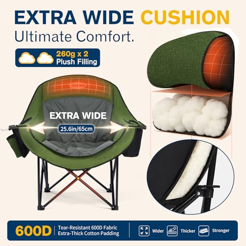 Coldbee Oversized Green Camping Chair with Padded Headrest & Cooler, Heavy Duty 500lb Capacity
