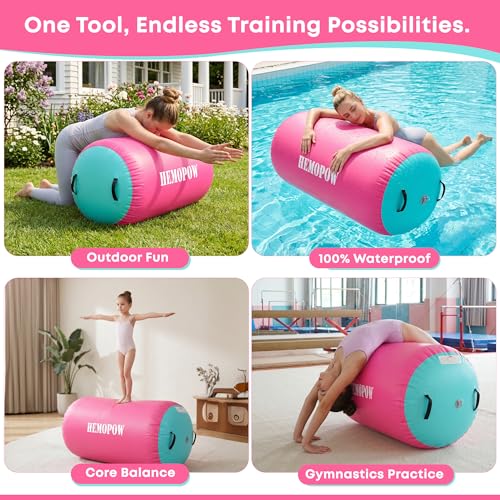 Pink & Green Inflatable Gymnastics Air Barrel Roller with Electric Pump - 3.3Ft Tumbling Back Handspring Trainer for Home & Cheerleading