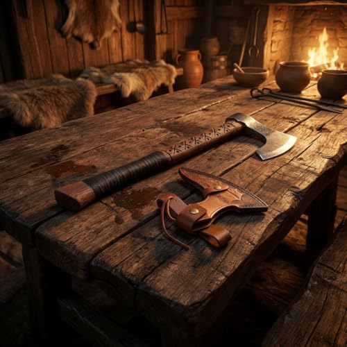 Ragnar Ax - Handmade Viking Battle Axe with Leather Sheath, 19'' Camping & Survival Hatchet