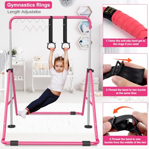 Pink Adjustable Kids Gymnastics Bar for Home, Foldable & Stable Training Equipment
