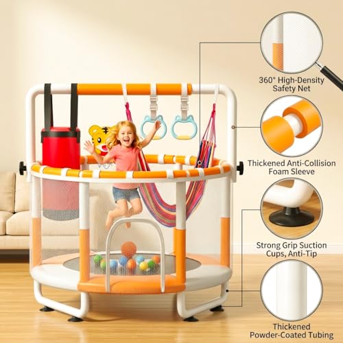 55-Inch Kids Mini Trampoline with Net & Adjustable Bar - White, Heavy Duty Steel Indoor Outdoor Play Gym