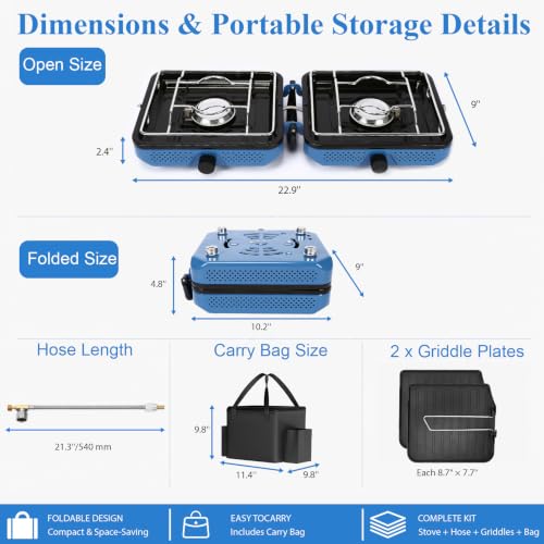 Uniflasy Blue 2-Burner Camping Stove Set with Carry Bag & Wind Guards - Portable Outdoor Cooker 22.9x9.1x2.4 inches