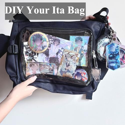 Inshere Ita Bag Crossbody Messenger Bag with Clear Coin Bag, Pins & Plush Charm - Black M