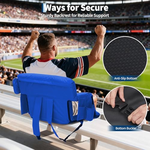 Wide Stadium Bleacher Seat with Back Support & Padded Cushion - Adjustable Reclining Football Chair with Cup Holders & Storage