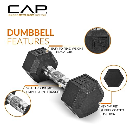 CAP 150 LB Dumbbell Set with Chrome Handles & Black Variation, Rubber Hex Weights & 2-Tier Rack for Home Gym