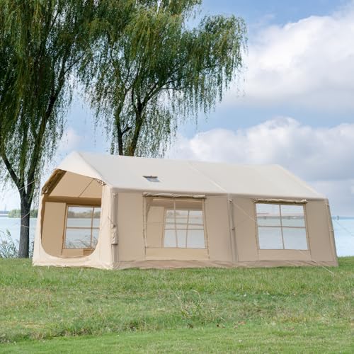 Beige 12-Person Inflatable Camping Tent with Rainfly, Hand Pump & Stove Jack