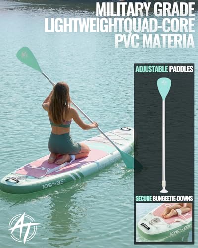 ATPROSS 10'6''x33'' Inflatable Stand Up Paddle Board with Kayak Seat - Extra Wide, Anti-Slip EVA Deck, 400lbs Capacity, Green
