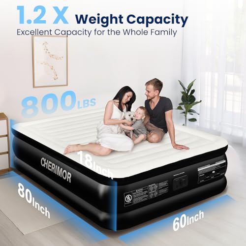 Queen Air Mattress with Built-in Pump - 18 Inch Raised Stable Support, White & Black