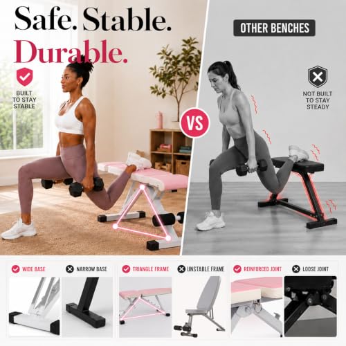 PIN JIAN Pink Adjustable Foldable Workout Bench - L, Full Body Gym Equipment