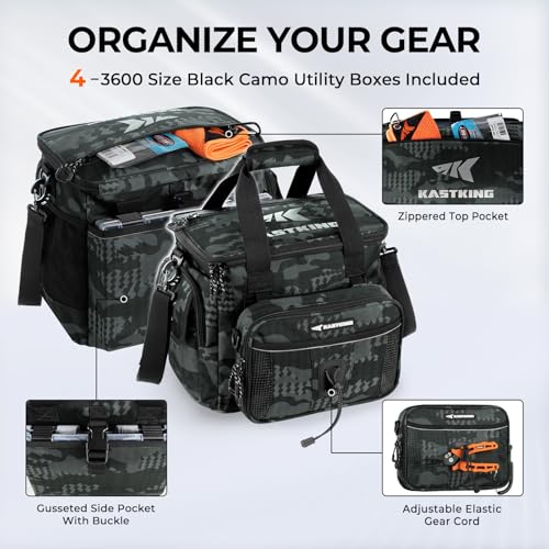 KastKing BaitSpace Tackle Bag with Removable Bait Binder - Black Camo, Medium