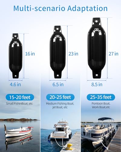 Black 8.5 x 27 Inch Inflatable Boat Fenders Pack of 4 with Ropes & Pump