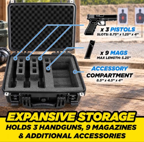 3-Pistol Waterproof Hard Case with Foam Insert, TSA Approved Gun Storage 16 Inch