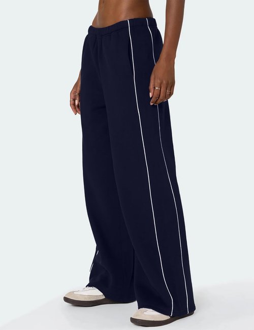 HeSaYep Women's Fleece Lined Sweatpants Wide Leg Baggy Sweat Pants High Waisted Drawstring Cute Sherpa Y2k Pants with Pockets, Navy Blue L