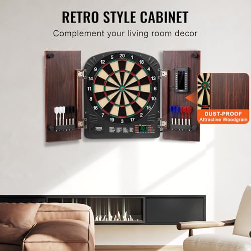Electronic Dart Board Cabinet Set with LED Scoring, 35.3 x 20 x 2.7 Inches - Soft Tip Darts, Retro Style, Complete Accessories, Electronic Style
