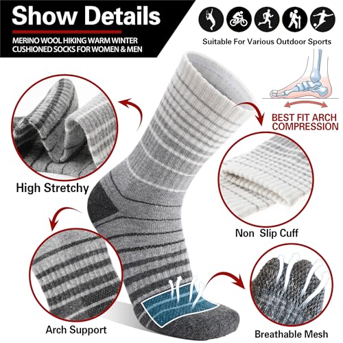 Welwoos Merino Wool Thermal Hiking Socks Large Assorted Square Stripes - Warm Moisture Wicking Outdoor Socks for Men & Women