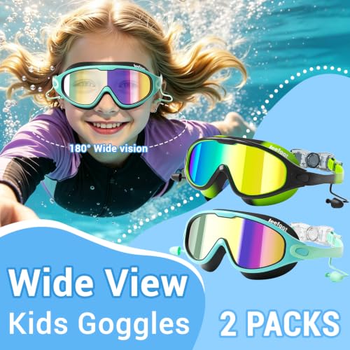 Kids Swim Goggles 2 Pack Cyan Black and Green Black Anti-Fog UV Wide View Pool Goggles for Boys & Girls