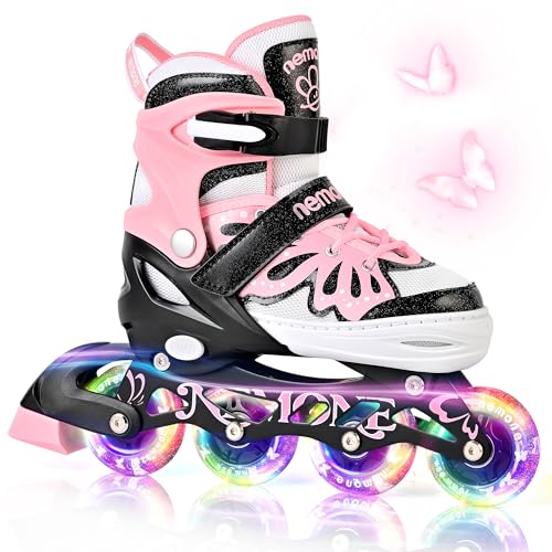 Girls Adjustable Light Up Inline Skates with Flashing Wheels - Midnight Butterfly, Medium