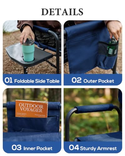 Heavy Duty Camping Folding Chair with Side Table 400lbs Support - Blue