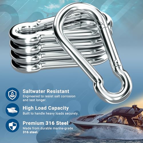 5 Pack 5.3 Inch Marine-Grade Stainless Steel Carabiner Clips Heavy Duty Snap Hooks