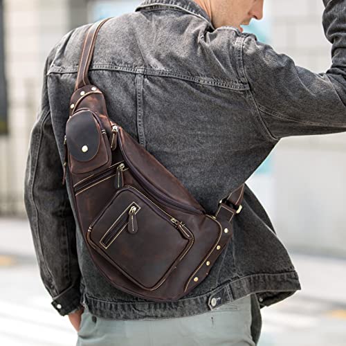 POLARE Full Grain Leather Crossbody & Backpack Sling Bag Dark Brown - Outdoor Tactical Daypack