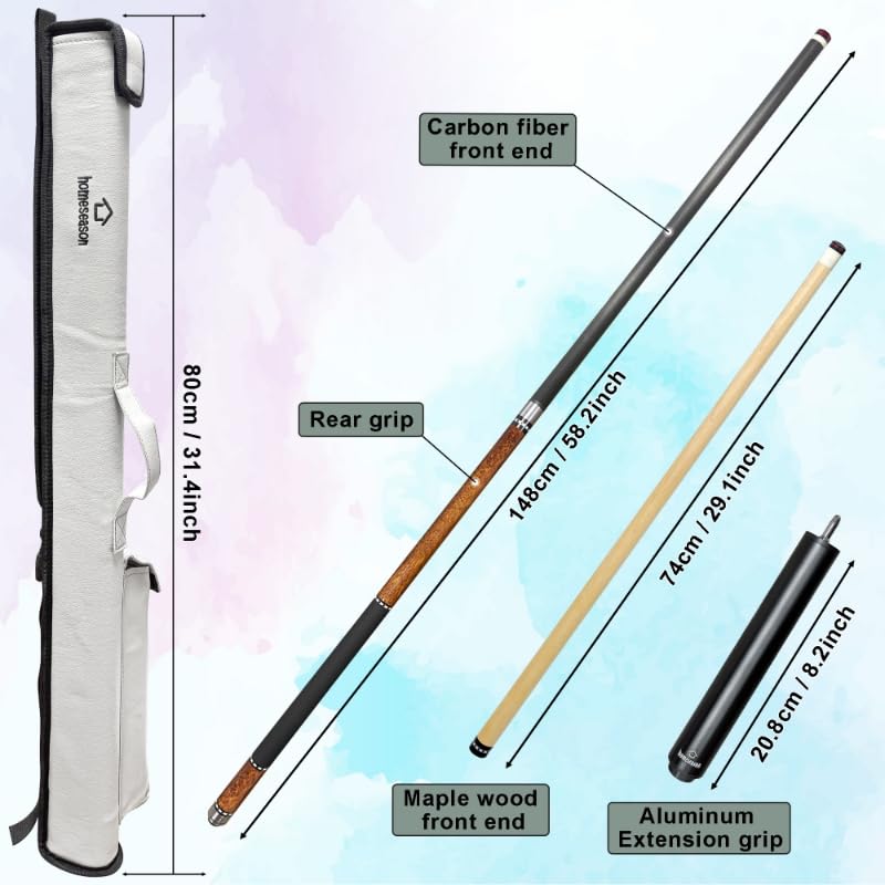 HomeSeason 3-in-1 19oz Carbon Fiber & Maple Wood Pool Cue Stick - Brown, 58" Professional Billiard Cue with Screw-In Extension & Leather Case