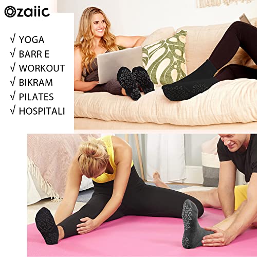 Ozaiic Non-Slip Pilates Socks 3 Pairs Large Black Grey Dark Gray for Yoga