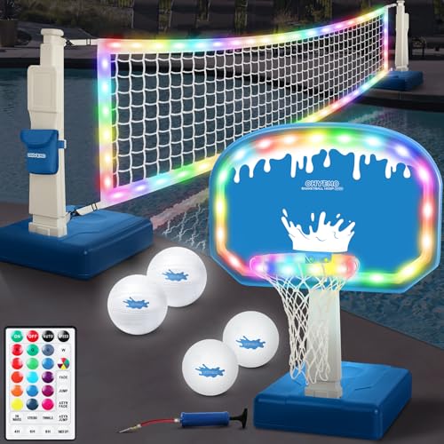 LED Pool Volleyball & Basketball Set - 2-in-1 Light-Up Pool Game with Remote & Durable Hoops