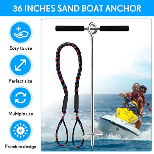 Pelopy 2 Pack 36 Inch Stainless Steel Sand Anchors with Removable Handle & Bungee Line for Beach & Watercraft Stability