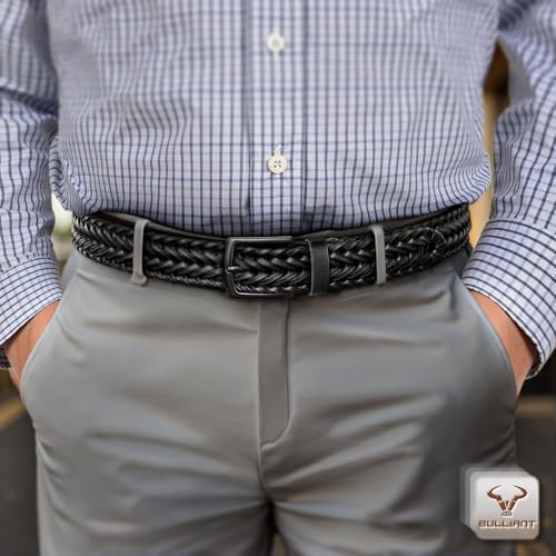 Men's Braided Leather Belt 2 Pack - 1 3/8 Inch Wide, Adjustable Waist, Gift Boxed, Black & Light Brown
