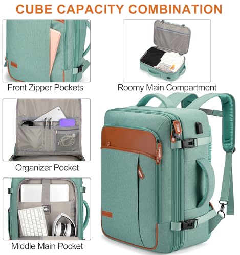 Lumesner 40L Expandable Travel Backpack Green 20 Inch Carry-On Flight Approved