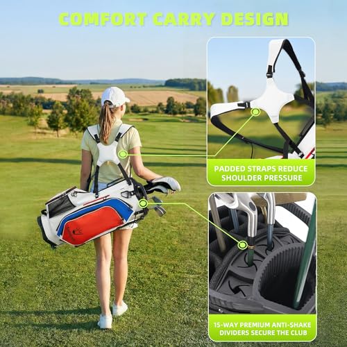 Solaraft 15-Way Golf Stand Bag with Full-Length Dividers, Waterproof, White for Men
