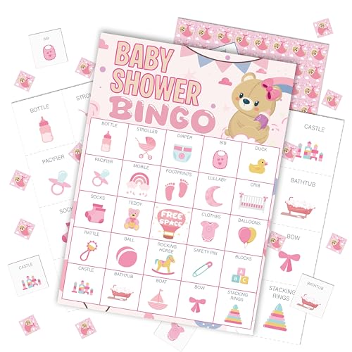 Baby Shower Bingo Game Cards Set Pink Teddy - Family & Party Activity