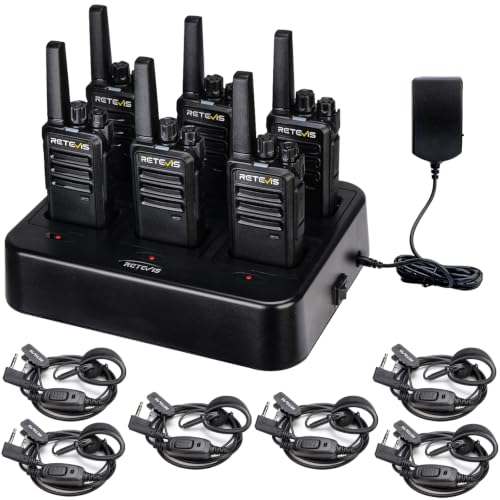 Long Range Walkie Talkies with Earpieces and 6-Unit Charging Station - 6 Pack