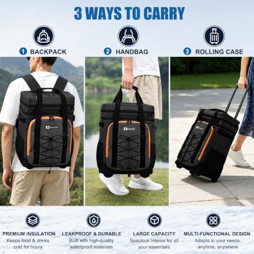 Black Backpack Cooler with Wheels - 50 Can Rolling Cooler with Handle, 2-in-1 Trolley for Beach Camping Travel