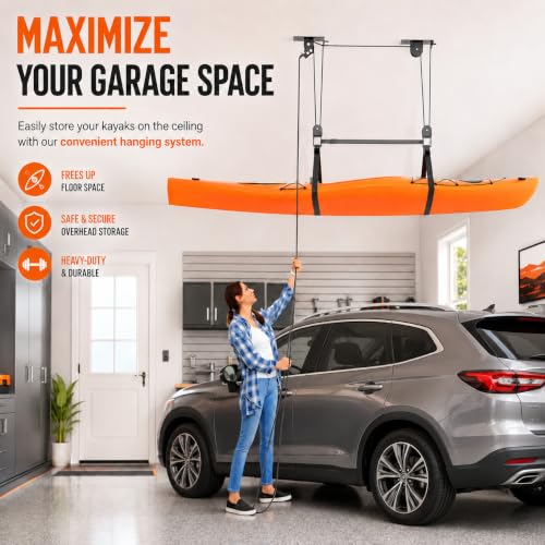 Heavy Duty Kayak Hoist with Garage Pulley System - 150 LBS Capacity, 10-18 ft Ceiling