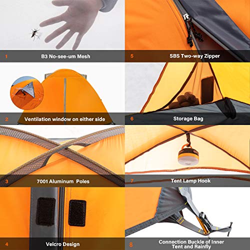 BISINNA 4 Person Camping Tent - Lightweight Waterproof Backpacking Shelter - Orange