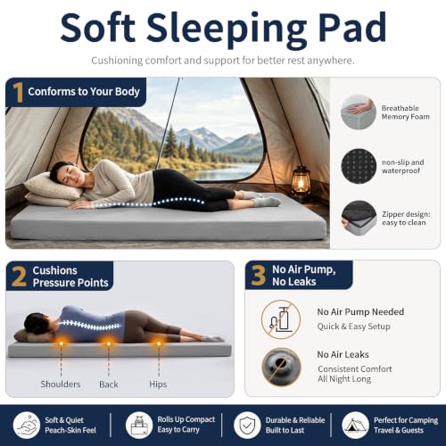 CYMULA Grey Twin Memory Foam Camping Mattress Pad 75x38x3 Inches Portable Sleeping Mat