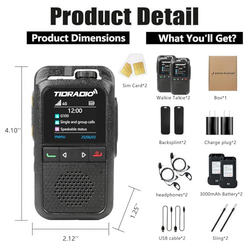 TIDRADIO TD-G100 Rapid Unlimited Range 4G LTE PoC Radios Long Range Walkie Talkies with SIM Cards, Nationwide PPT Two Way Radios, Global Walkie-Talkie for Family, Logistics,Construction site,2 Pack