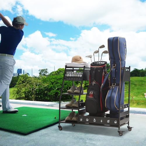Lauren & Harold Black Golf Bag Organizer Stand for Garage Storage - Fits 2 Golf Bags