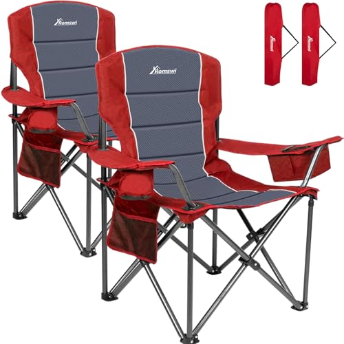 Romswi Red XL Heavy Duty Camping Chairs 500LBS Support, Padded Back & Armrests, 2-Pack