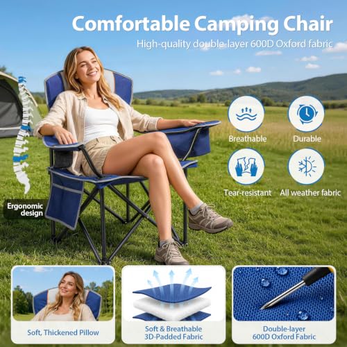 ZENPETIO Oversized Camping Chair 500LBS Support Blue Gray 2-Pack Portable Folding Lawn Chairs